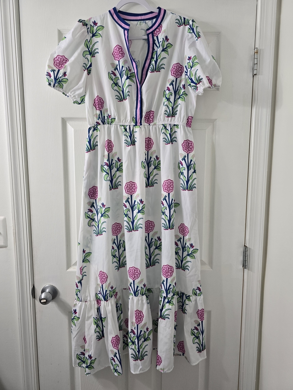 NWOT Viral Tiktok Shop White Floral Midi Dress with Pink & Green Print